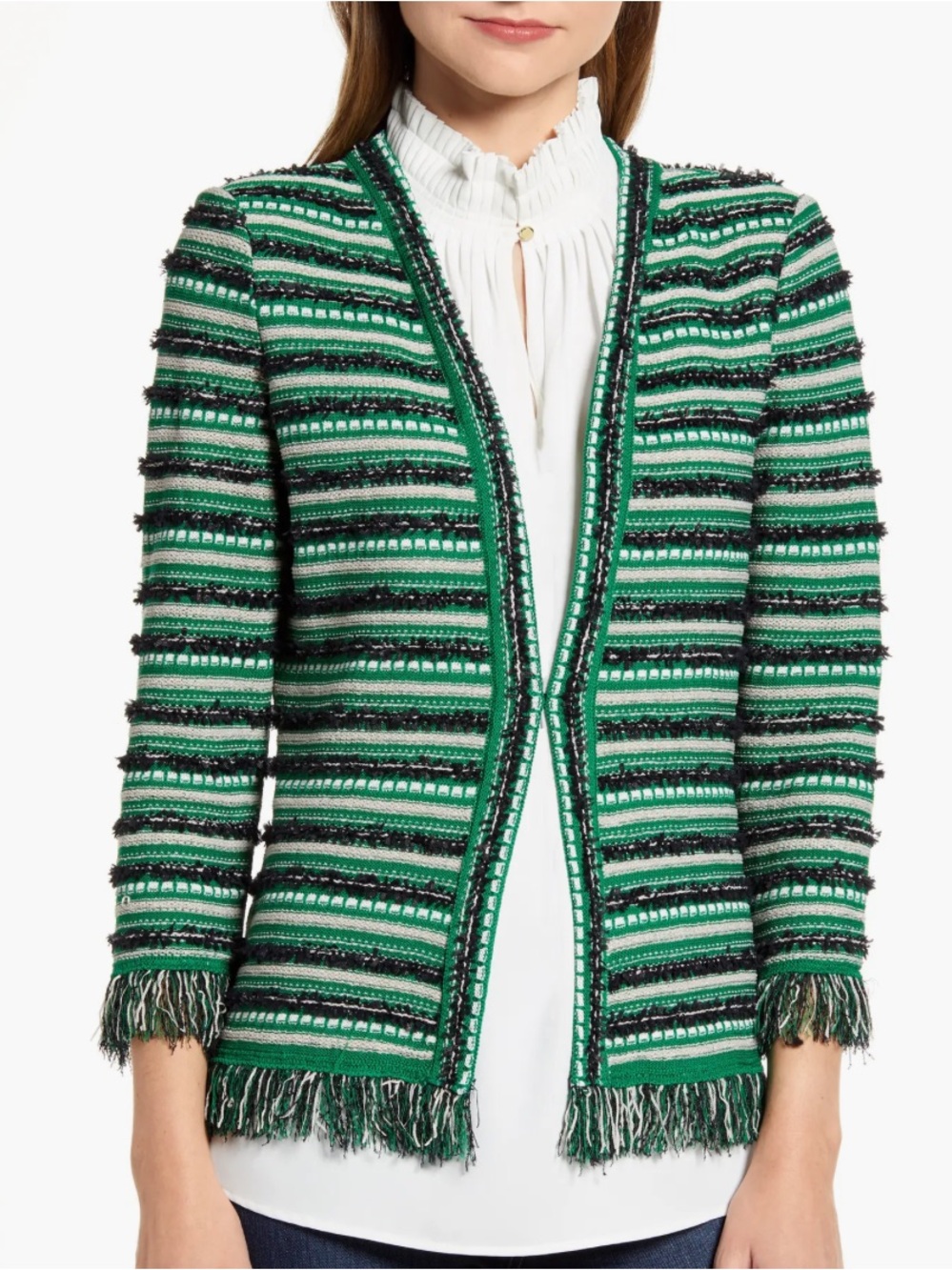 Ming Wang Green Striped Fringe Open-Front Cardigan Jacket